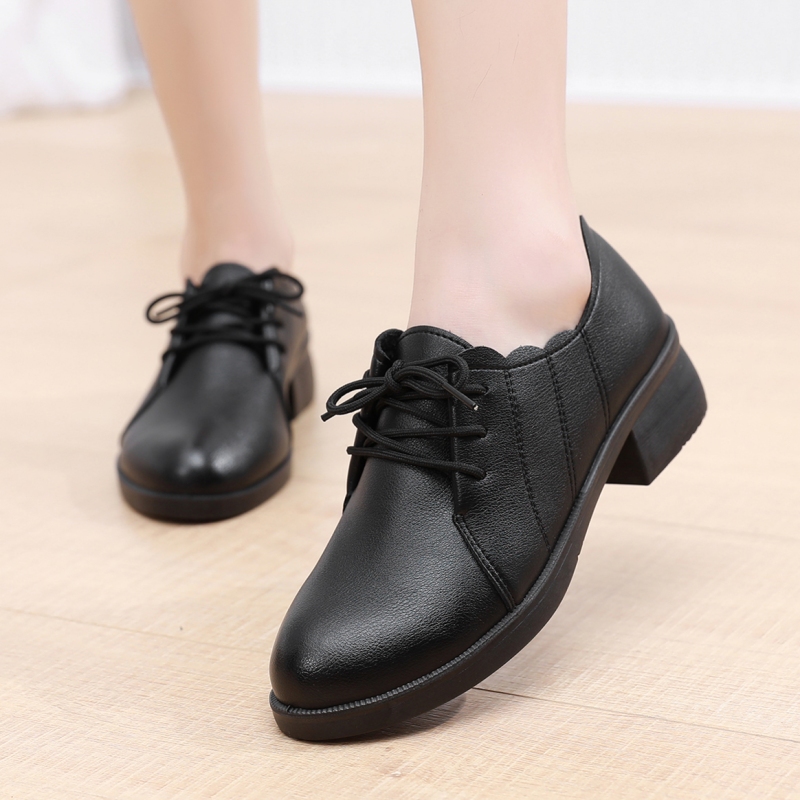 断码清仓工作鞋女黑色皮鞋中跟职业厨房上班女鞋软底圆头防滑单鞋