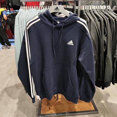 Adidas男子经典三道杠刺绣Logo简约复古加绒保暖连帽卫衣蓝IJ6473