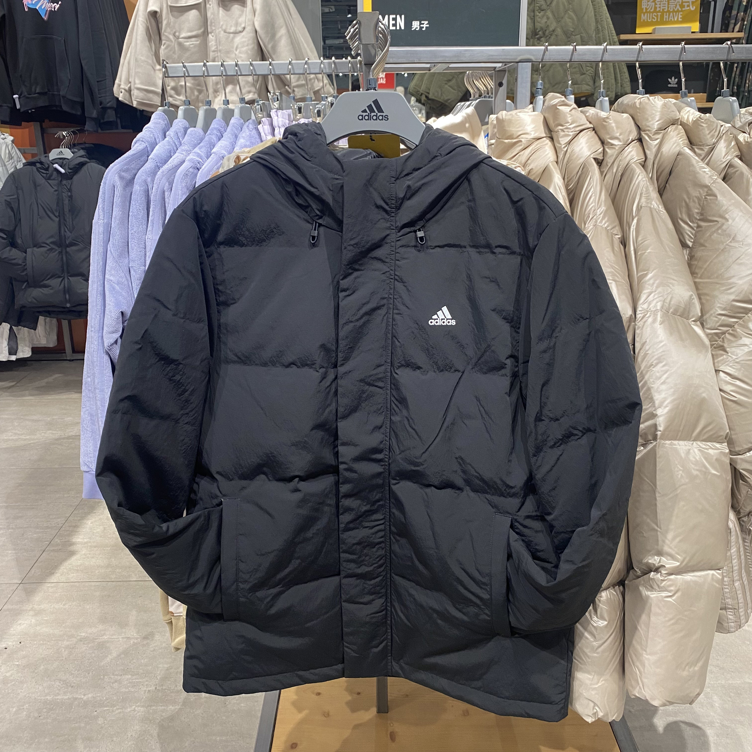 Adidas阿迪达斯男子羽绒服运动保暖防风连帽黑色外套IZ4883