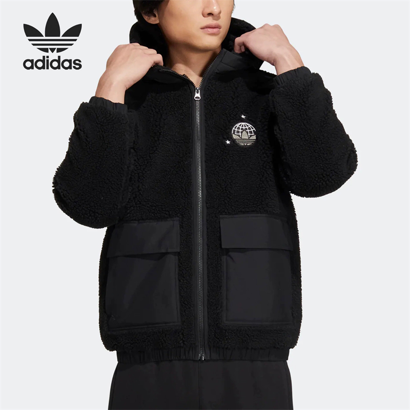 正品Adidas/阿迪达斯三叶草男女同款仿羊羔绒连帽夹克外套 HS2004