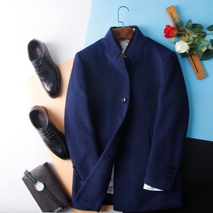 高端~HL35170海系列男款立领毛领商务休闲中长款羽绒毛呢大衣冬季