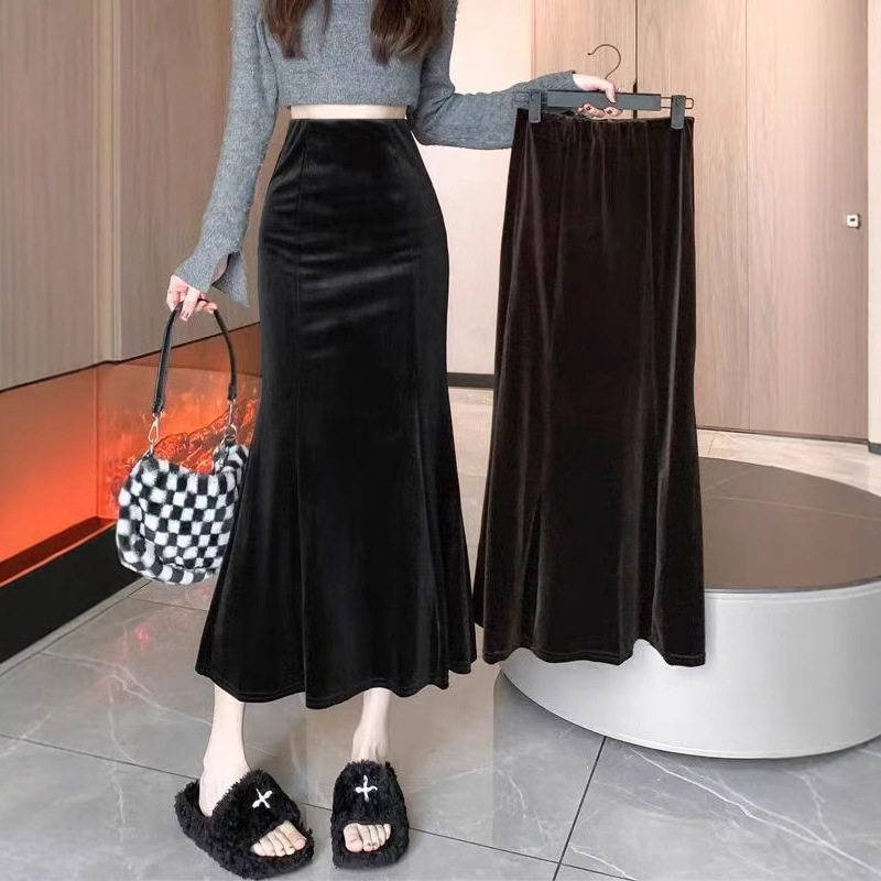 黑色丝绒鱼尾半身裙女秋冬高腰显瘦字包臀裙小个子中长款百褶裙,女装/女士精品,半身裙,淘宝优惠券,粉丝福利购,淘宝优惠卷