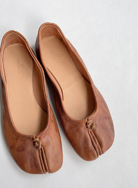 【花边女】拓黄色平底tabi分趾鞋 真皮猪蹄平跟芭蕾单鞋