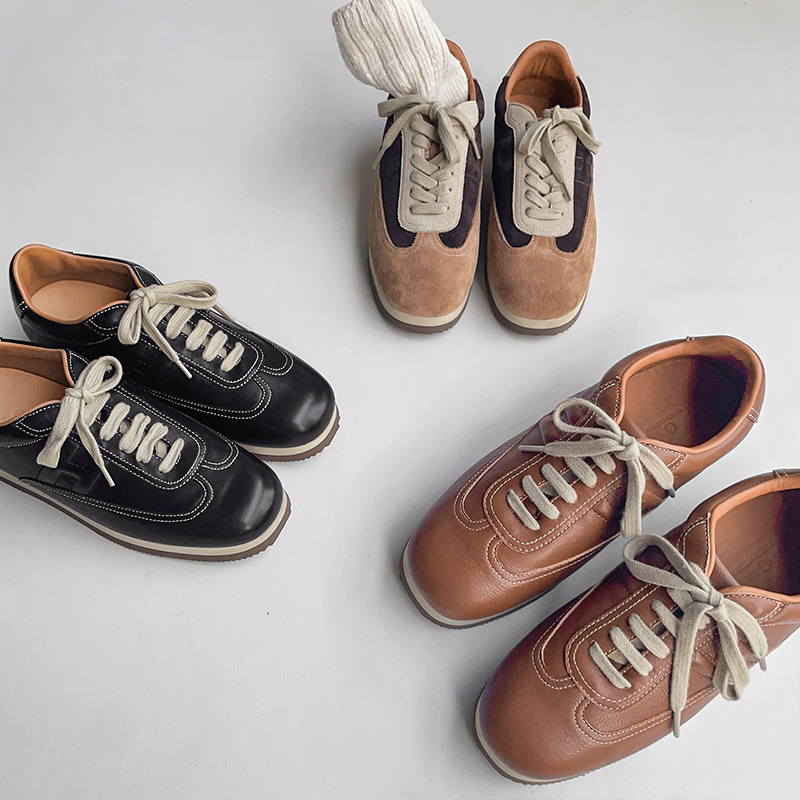 【花边女】厚底牛皮绑带圆头运动鞋 真皮平底阿甘鞋女  百搭女款