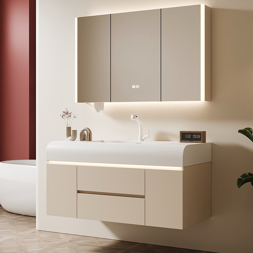 新款奶油风浴室柜肤感一体盆