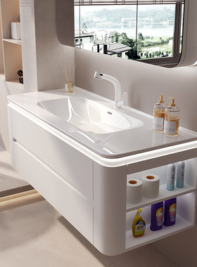 双抽侧面储物浴室柜陶瓷一体盆洗漱台卫生间洗脸盆柜组合白色北欧