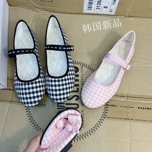 柔软轻便学生休闲春秋款 女 格子布圆头平底玛丽珍单鞋 韩国新品