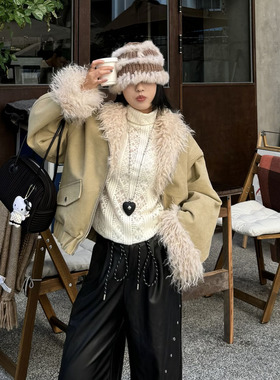 BILLBOOM设计感巴恩风冬季羊羔毛加厚夹棉长毛毛短款夹克外套