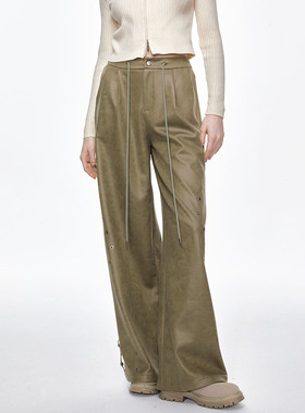 BILL BOOM新款美式复古抽绳宽松绿高腰休闲垂感阔腿裤女