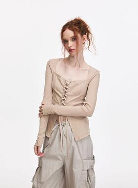 BILLBOOM 原创设计甜辣方领系绳绑带长袖t恤上衣女