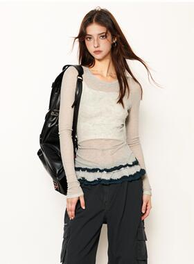 BILLBOOM设计感甜辣灰色木耳边修身收腰打底衫内搭上衣长袖t恤女