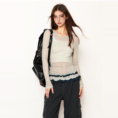 BILLBOOM设计感甜辣灰色木耳边修身收腰打底衫内搭上衣长袖t恤女