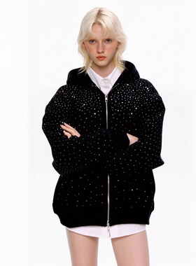 BILL BOOM满天星细闪烫钻慵懒风宽松百搭拉链长袖连帽开衫卫衣