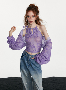 BILL BOOM美式复古辣妹针织套装女春季新款紫色短款外套罩衫+背心