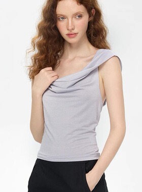 BILL BOOM美式辣妹荡领折叠领修身细闪大领口无袖背心上衣女