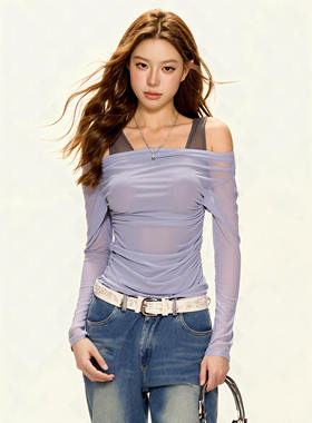 BILL BOOM辣妹淡紫色一字肩T恤春夏修身网纱透气防晒罩衫外穿上衣