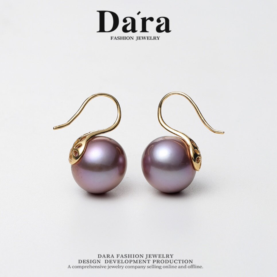 Dara/戴拉925银13-14mm正圆强光妖紫色淡水珍珠高跟鞋耳环耳钩