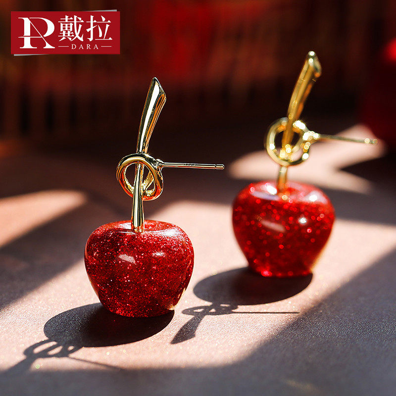 925银针夸张樱桃耳环 2020新款潮红色车厘子造型设计感网红耳饰