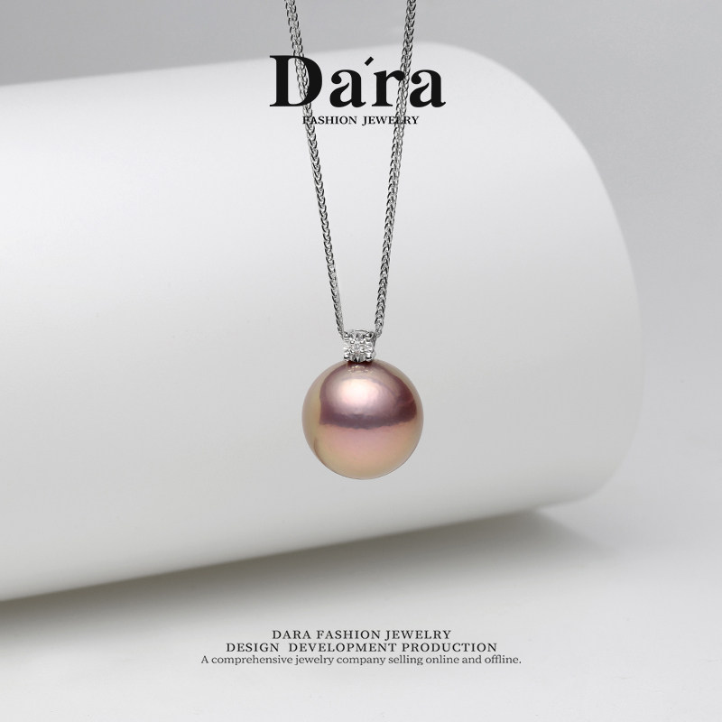 Dara/戴拉AGL大证真钻紫珠14-15mm正圆淡水珍珠吊坠项链锁骨颈链