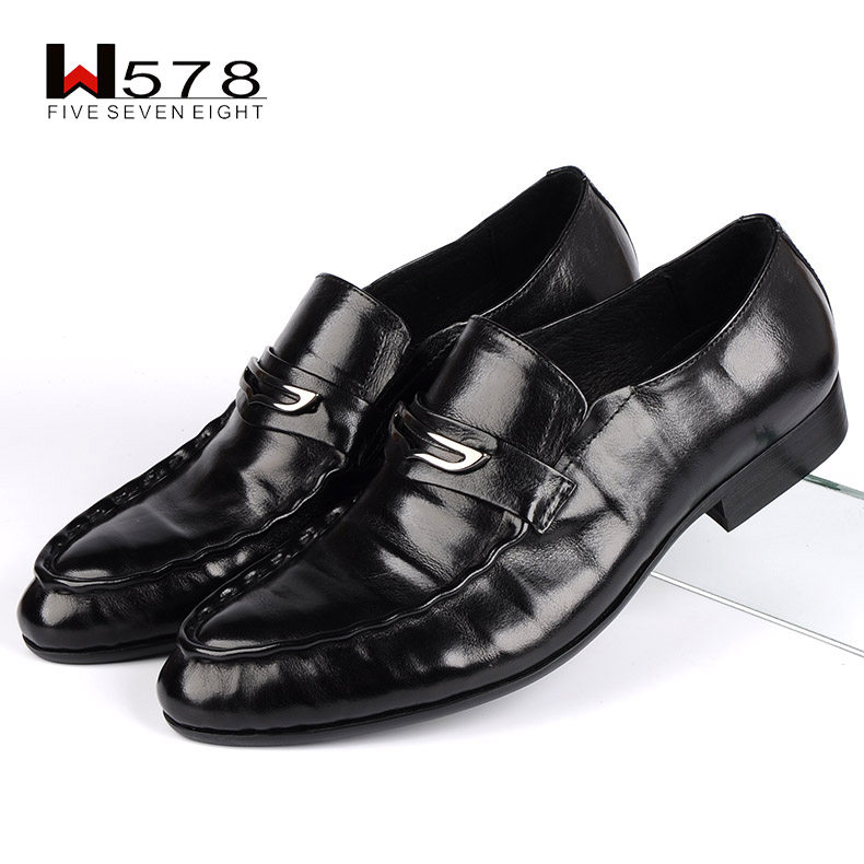 商务皮鞋男士真皮套脚鞋英伦尖头潮流正装男鞋子头层牛皮男结婚鞋