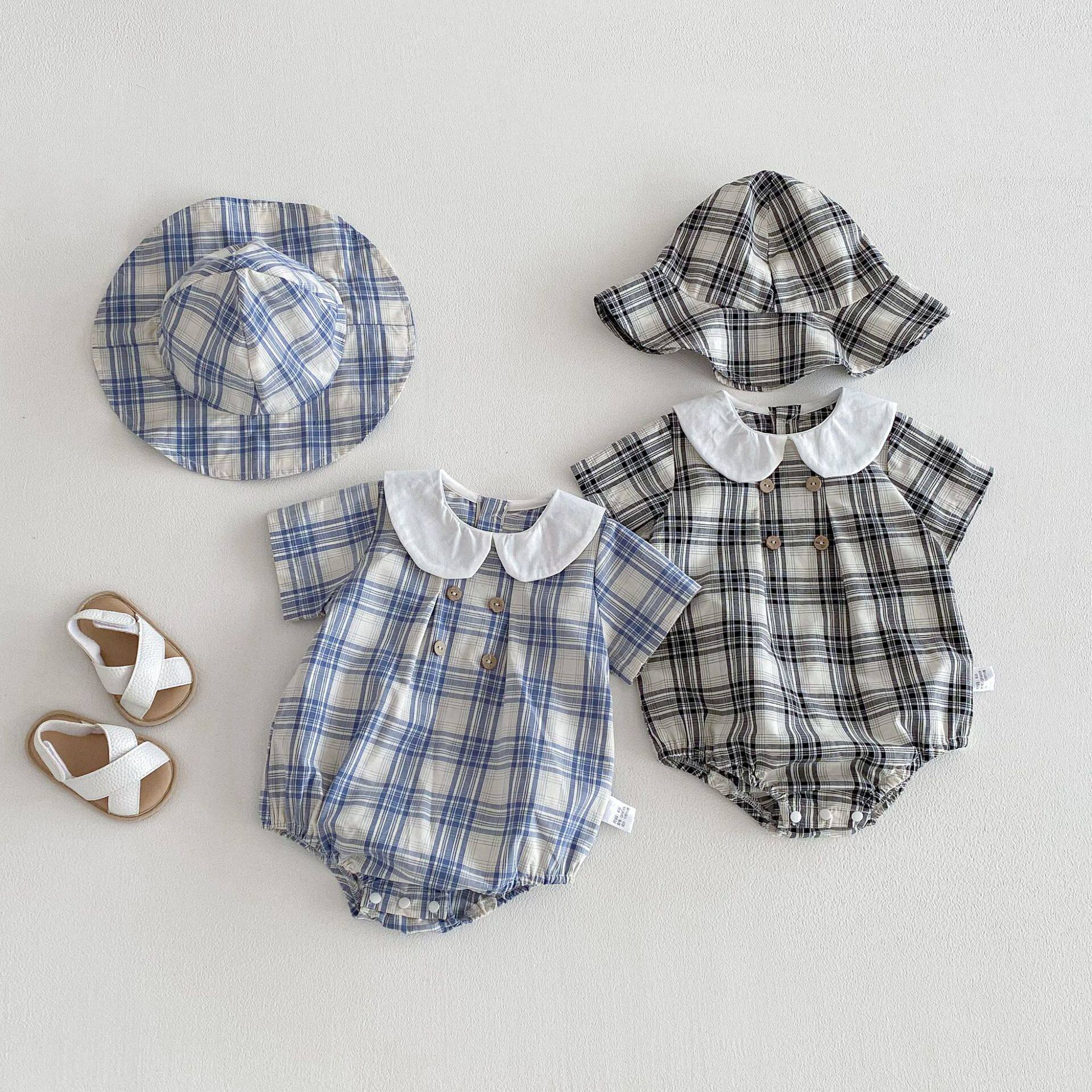 婴幼儿夏装连体哈衣短袖格子女童黑白格子包屁衣小女孩三角爬爬服