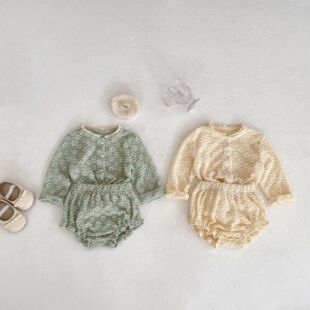 春秋季婴幼儿童小月龄宝宝长袖开衫上衣+大PP短裤套装1-2周岁衣服