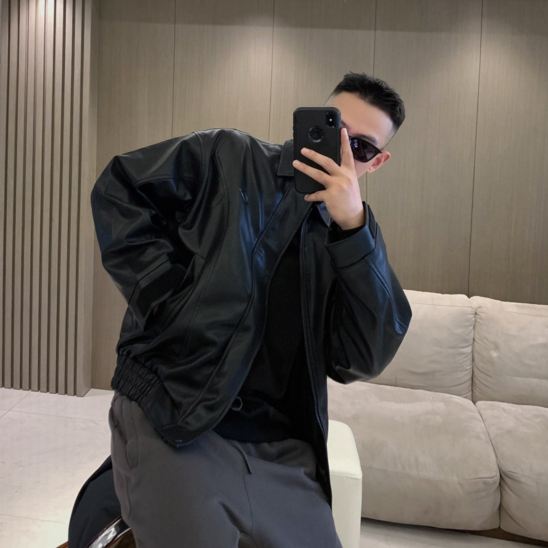 Hello鸡爷 春秋款男高品质翻领皮衣韩版厚外套潮流机车皮衣