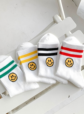 笑脸袜子女韩国ins潮白色网红中筒春夏新款可爱运动二杠街头