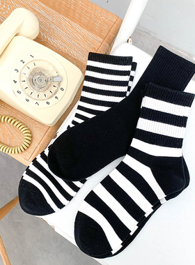 袜子女黑白条纹袜ins潮中筒配小白鞋运动网红款秋冬四季纯棉袜子