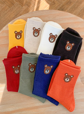 袜子女小熊搭配打底裤洋气可爱中筒日系韩国橘色卡通图案ins潮