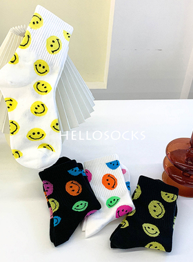 袜子女ins潮中筒袜网红百搭韩国笑脸韩版长筒袜原创个性可爱白色