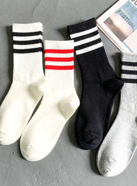 袜子女春夏中筒纯棉白色ins潮运动外穿长筒条纹搭配运动鞋长袜
