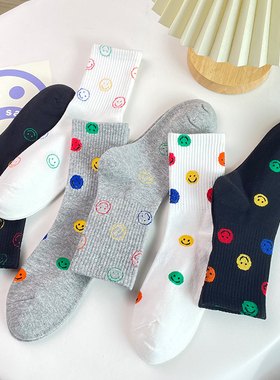 笑脸袜子女中筒袜外穿潮ins春秋纯棉韩版潮流百搭日系黑白色长袜