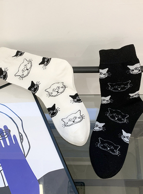 袜子女中筒袜ins潮百搭韩国纯棉韩版秋冬可爱猫咪黑白卡通原创