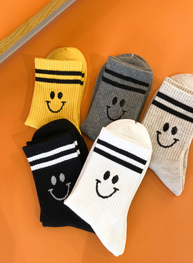 笑脸袜子女纯棉中筒袜韩国外穿长筒网红ins潮秋冬搭运动鞋鲨鱼裤