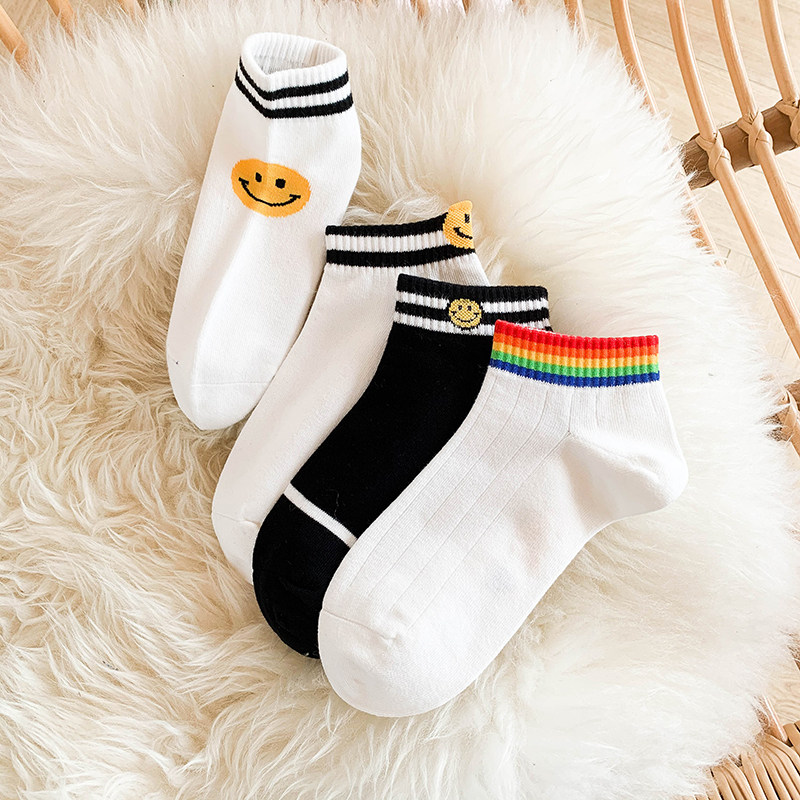 笑脸短袜彩虹浅口船袜纯棉不掉跟