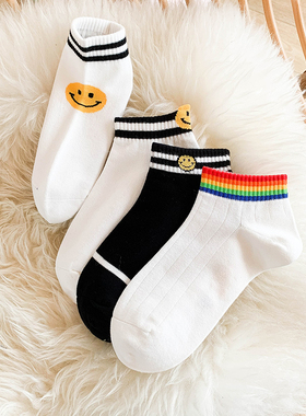 袜子女ins潮浅口船袜纯棉不掉跟潮运动可爱笑脸彩虹春夏短袜