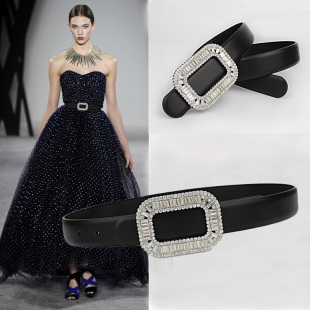 水钻方扣纯牛皮皮带女韩版 饰宽腰封黑色 百搭真皮腰带裙子连衣裙装