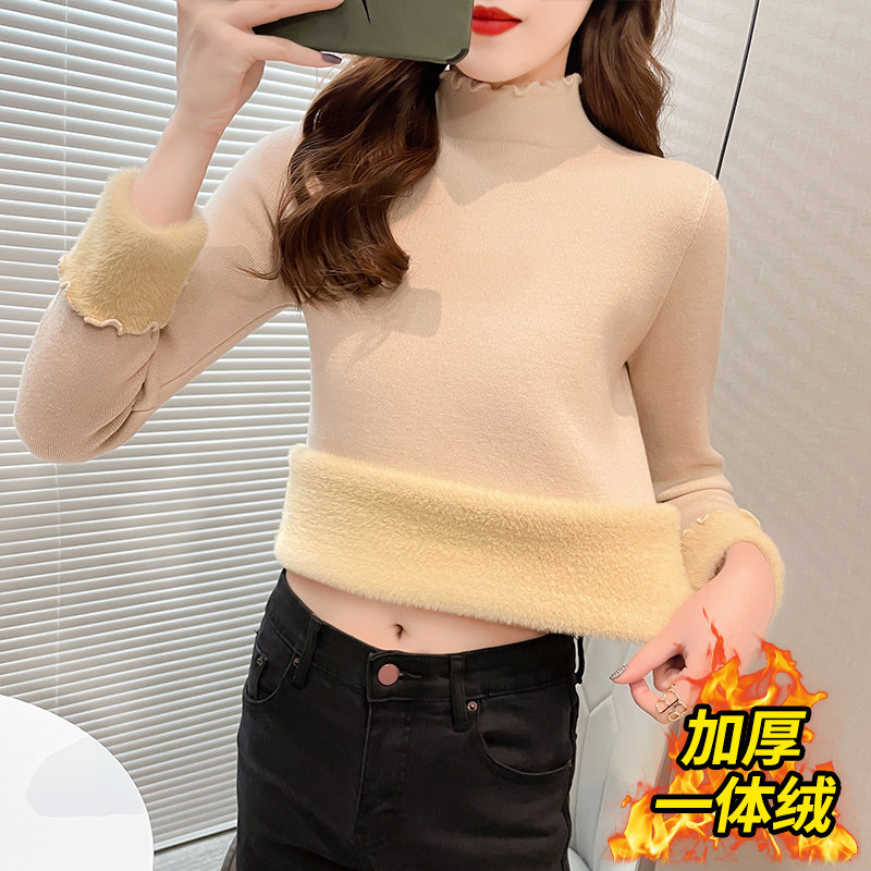 专柜撤回剪标加绒加厚一体绒毛衣女秋冬荷叶领外穿保暖打底针织衫