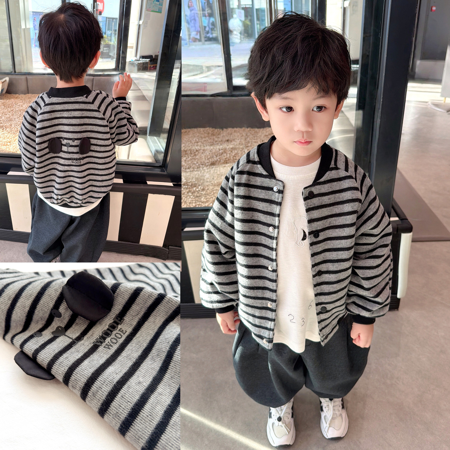 背面立体卡通~男童棒球服外套2026春季新款中小童条纹棉质开衫潮