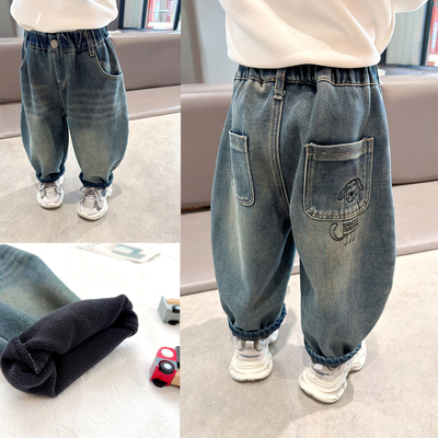 精致刺绣~男童加绒软牛仔裤中小童宝宝秋冬季新款洋气一体绒裤子