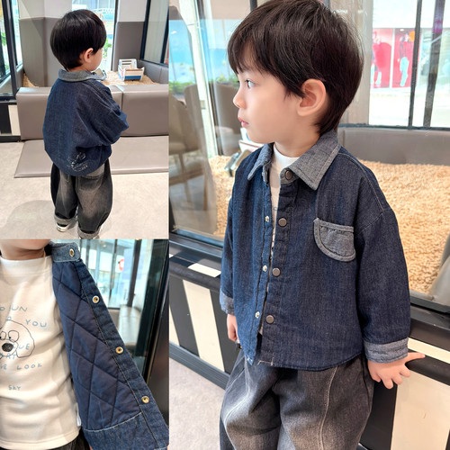设计款~男童夹棉牛仔衬衫2025秋冬季中小童宝宝韩版加厚衬衣外套