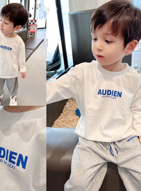 简约百搭~巨软糯男童纯棉字母长袖T恤春秋季儿童宝宝白色打底衫