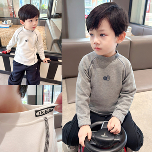 男童半高领加厚微绒长袖T恤2025秋冬季中小童保暖打底衫百搭上衣