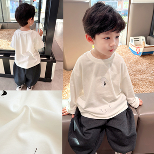 新款 T恤2026春季 中小童精致刺绣上衣 男童百搭白色长袖 软糯高弹力