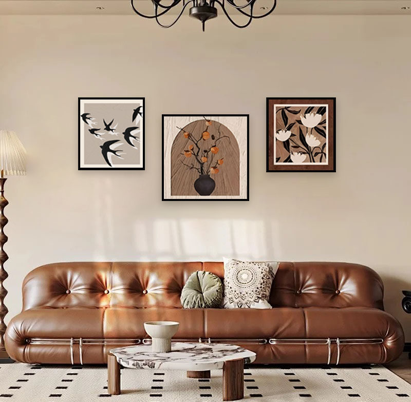 复古沙发背景画中古风美式装饰画那帕皮精雕肌理画高级感