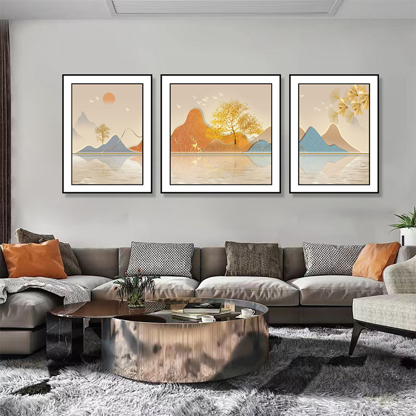 现代简约客厅装饰画沙发背景墙挂画高档大气寓意好三联画