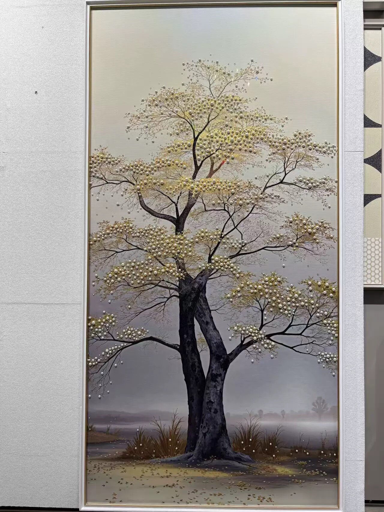 轻奢金箔发财树肌理冰雕立体珍珠玄关装饰画新中式金黄色招财