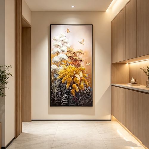 现代简约入户玄关挂画蝴蝶花卉高级感软瓷挂画实体店铺