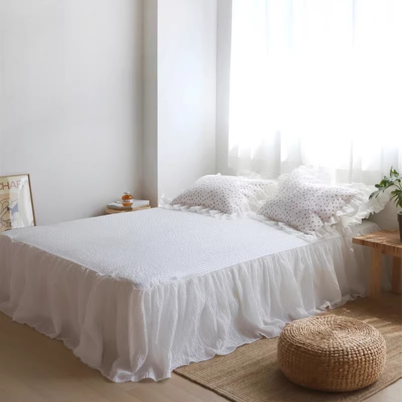 韩式干净简约清爽透气夏季床上用品纯棉泡泡纱纯色床裙床罩
